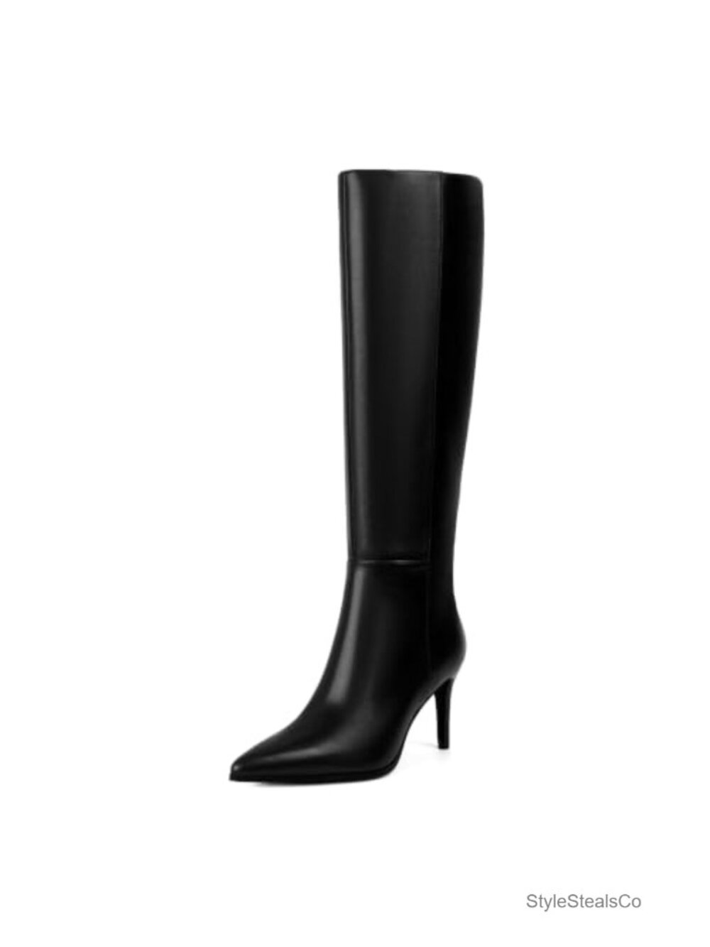 Faux Leather Knee High Boots Pointed Toe Stiletto Heel Dressy Tall Boots